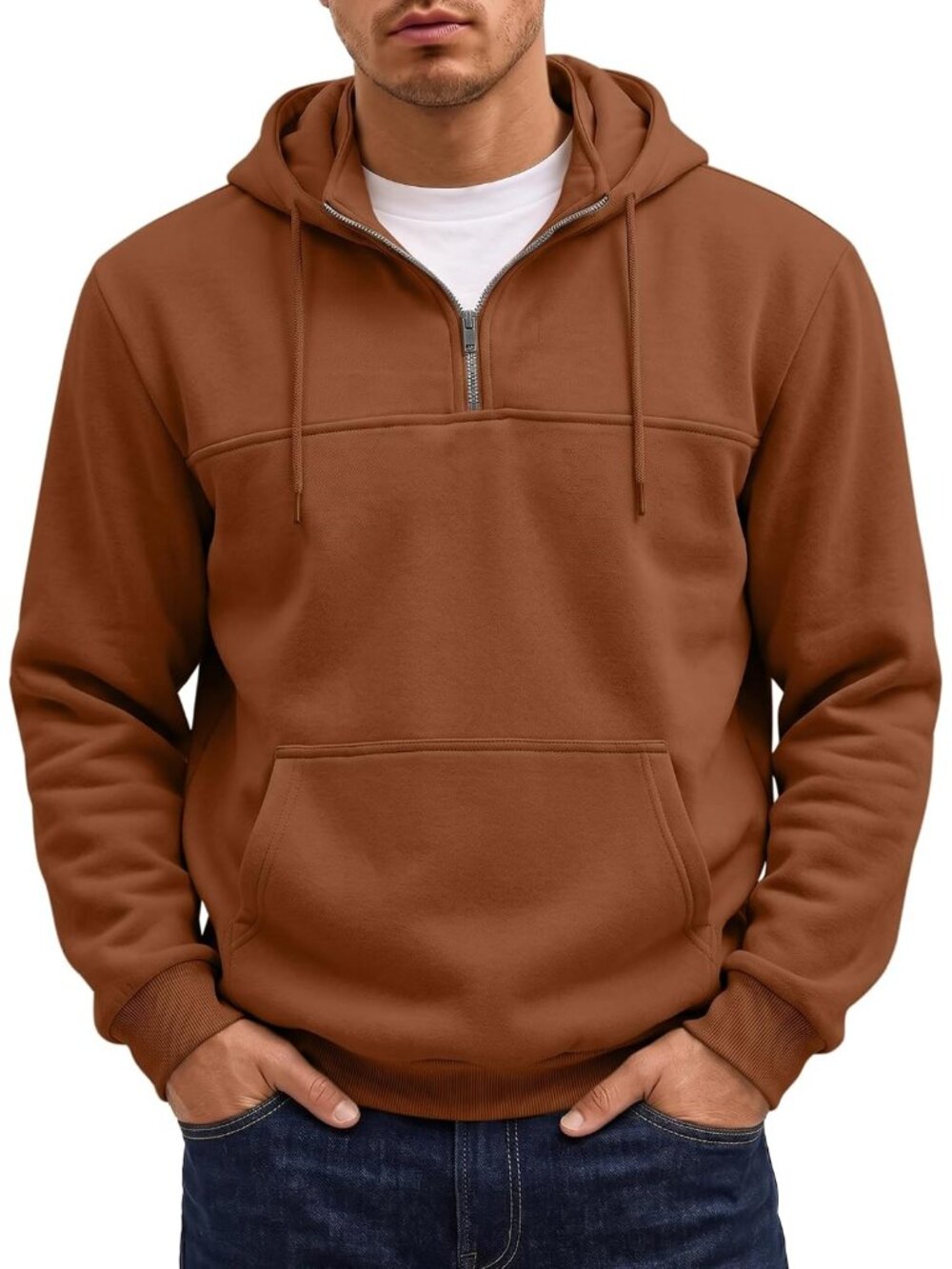 Men's Brown Quarter ZIP Casual Pullover Essentials Plain Sweatshirt Hoodies